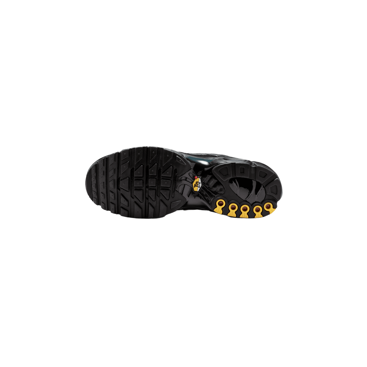 Bottom view of a black Nike Air Max Plus sneaker showing the tread pattern and yellow TN tread pods on the outsole