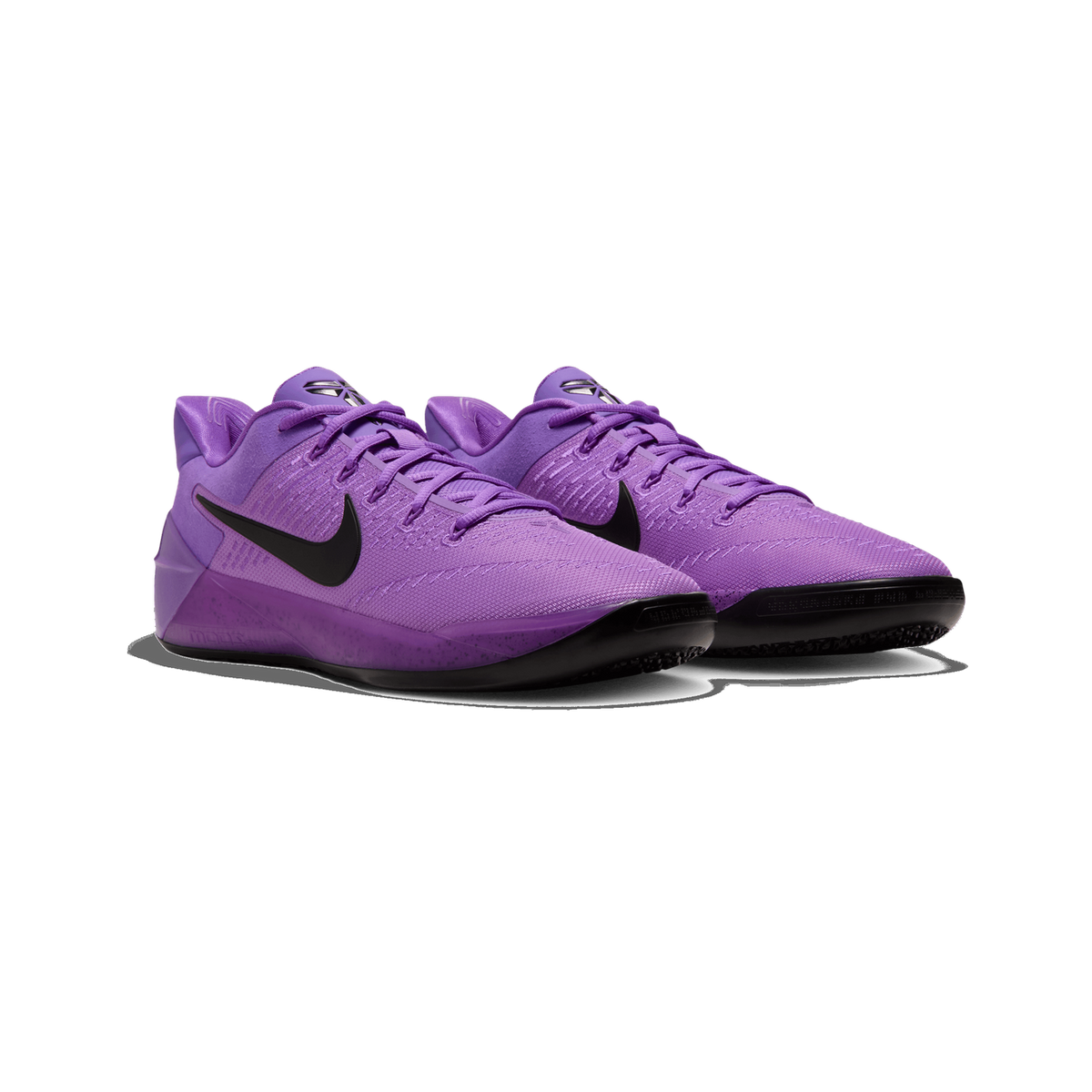 Front angled view of a pair of purple Nike Kobe A.D. Protro basketball shoes with black Nike swoosh logos and black outsoles