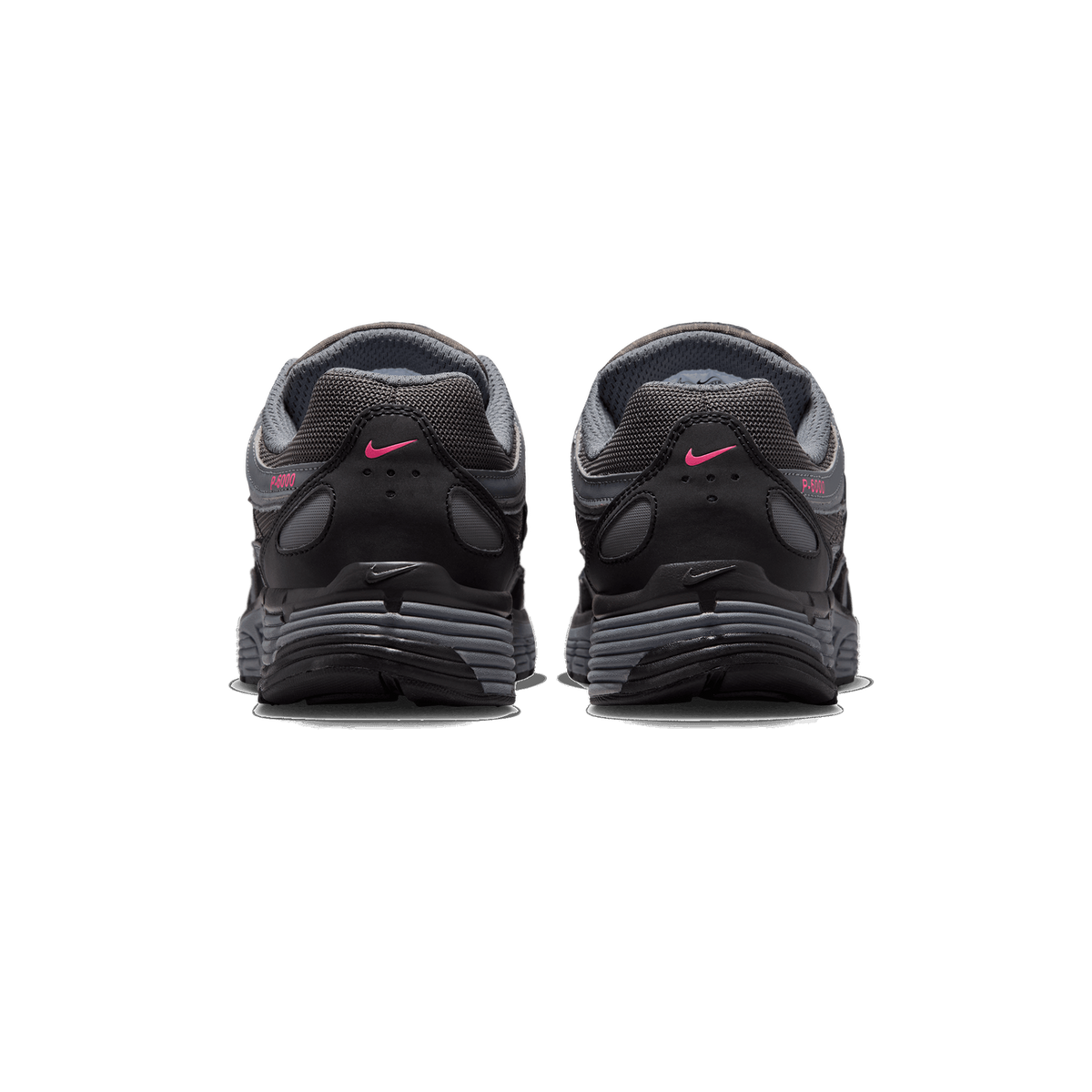 Rear view of a pair of Nike P-6000 sneakers in black and gray, with pink Swoosh logos and 'P-6000' lettering visible on the heel tabs.