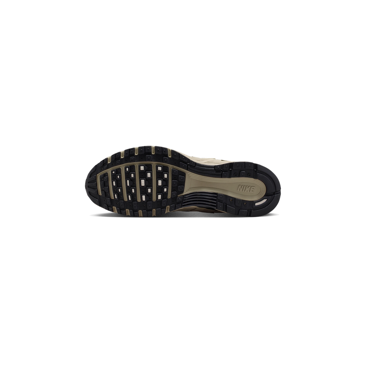 Bottom view of a beige and black Nike P-6000 sneaker showing a rugged treaded outsole with Nike branding on the heel