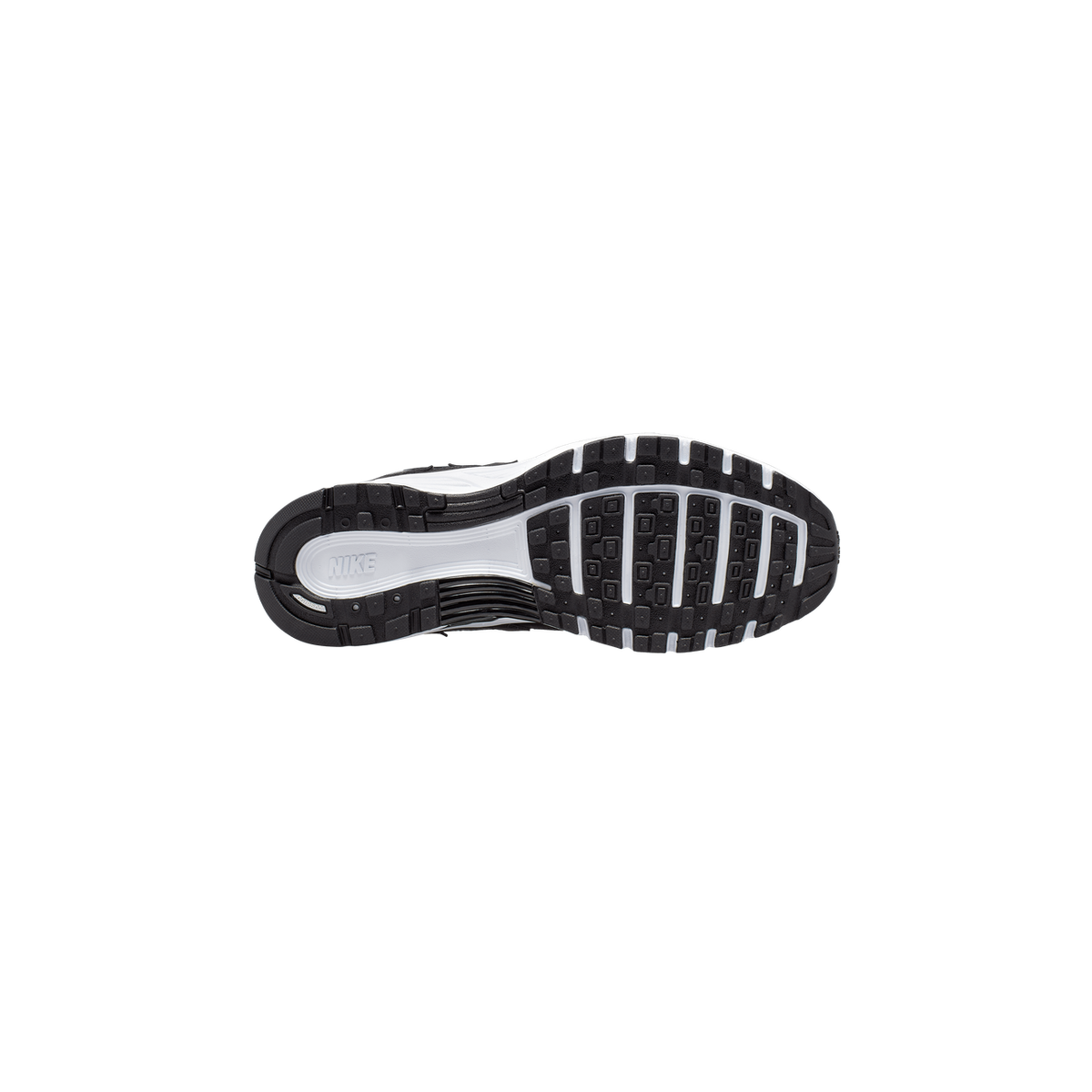 Underside of a black and white Nike P-6000 sneaker showing the full black tread pattern with white accents, the white Nike wordmark on the midfoot arch, and the toe pointing toward the top of the image.