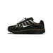 Lateral view of a black Nike P-6000 sneaker with olive green stripes, silver swoosh, toggle lace closure, and chunky ridged outsole.