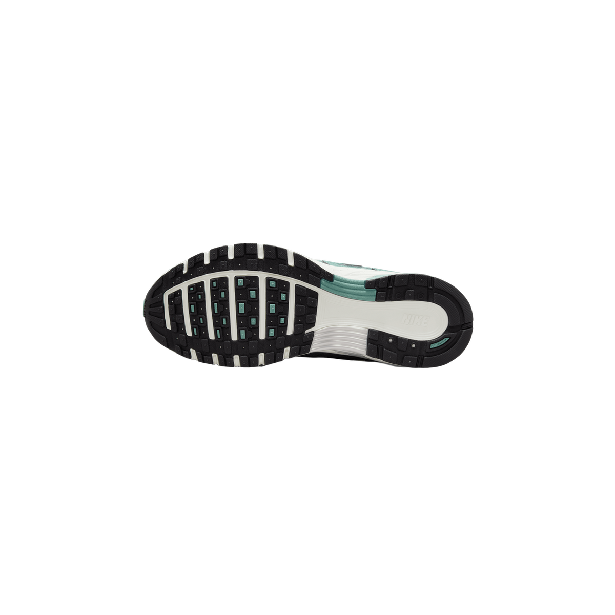 Underside of a single sneaker showing a black and white outsole with a teal accent panel near the heel, a visible NIKE wordmark on the midsole, and a tread pattern of square lugs.