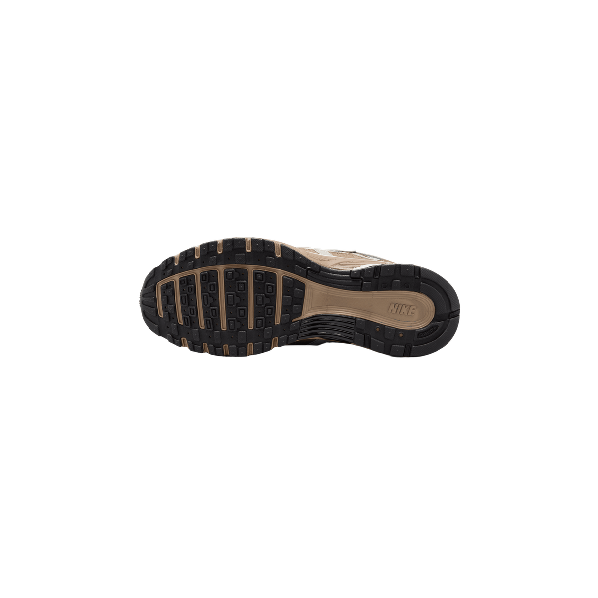 Underside of a single sneaker showing the full outsole with black lugged tread, tan midsole accents, and the word NIKE printed on the tan heel area.