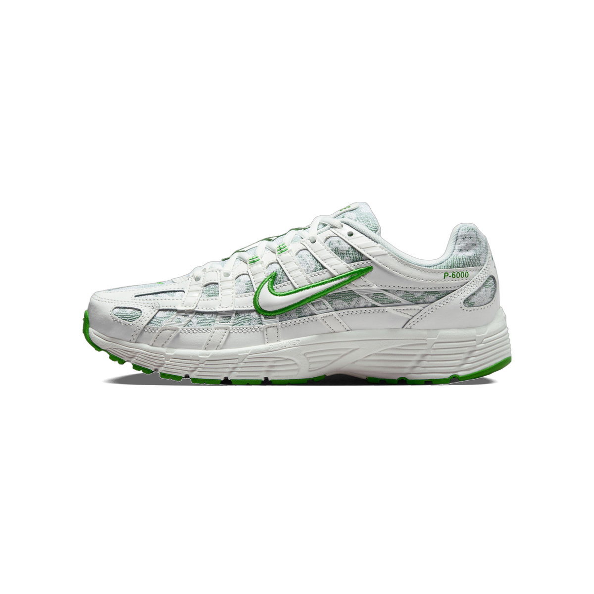 Side view of a white Nike P-6000 sneaker with green Swoosh logo, green outsole accents, and textured grey mesh panels, toe pointing left.