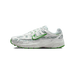 Side view of a white Nike P-6000 sneaker with green Swoosh logo, green outsole accents, and textured grey mesh panels, toe pointing left.