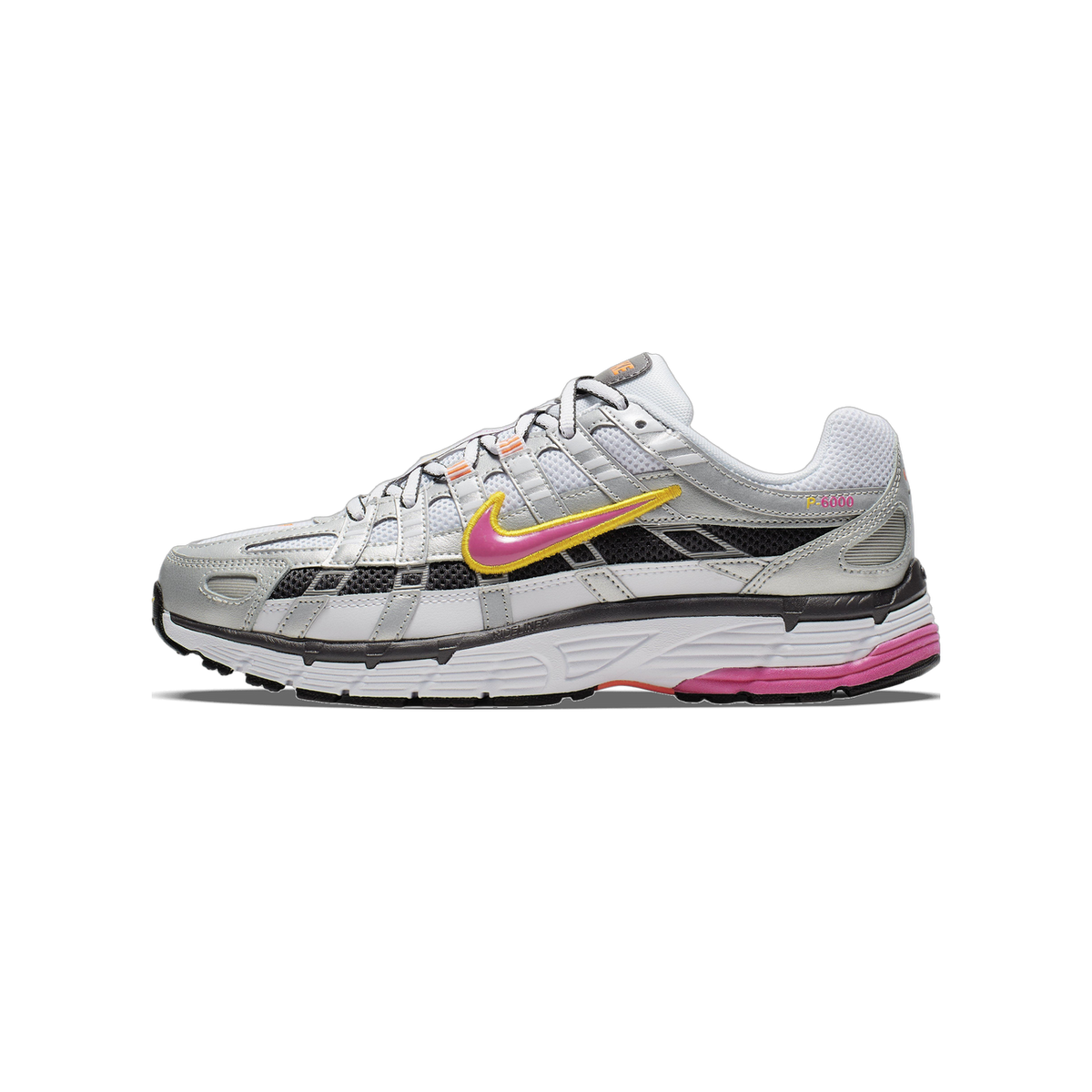 Side view of a white and silver Nike P-6000 sneaker with a pink and yellow-outlined swoosh, black mesh panels, and a pink midsole accent, toe pointing left.