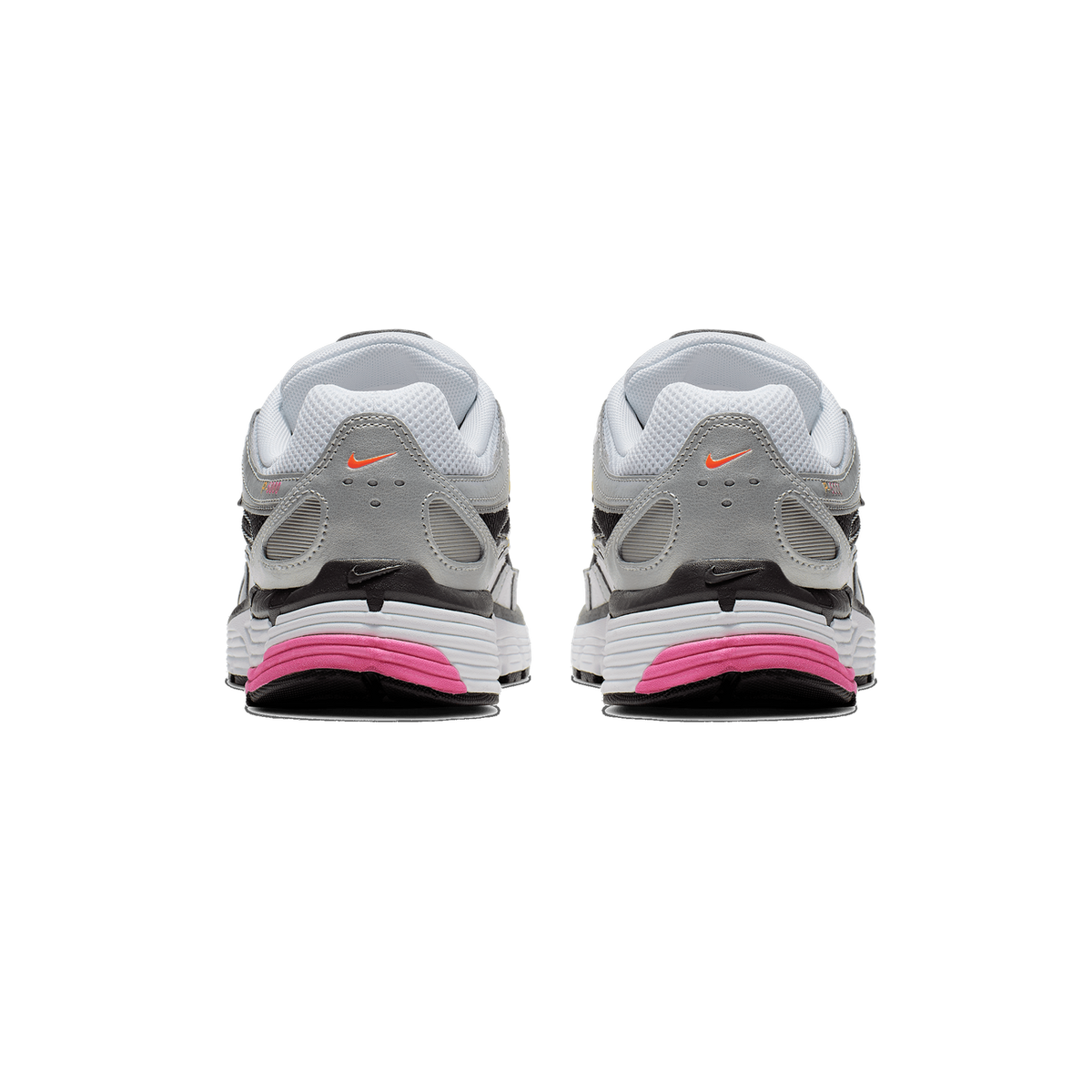 Rear view of a pair of Nike P-6000 sneakers in white and grey with pink midsoles and orange swoosh logos on the heels