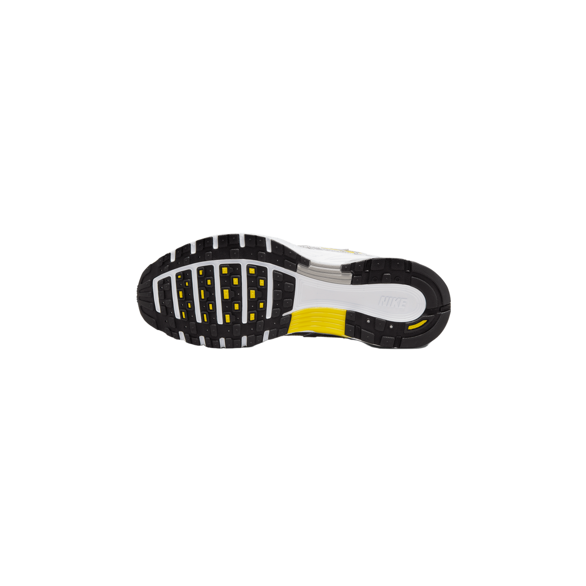 Underside of a single Nike P-6000 sneaker showing a white midsole with the word NIKE, black lug outsole with yellow accent blocks and a yellow heel section.
