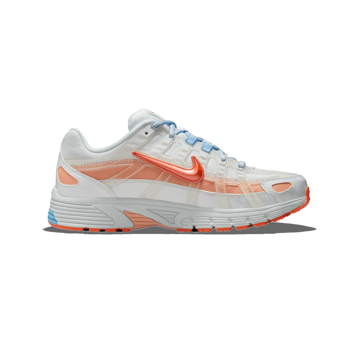 Side profile of a white Nike P-6000 sneaker with translucent panels, peach and orange accents, a metallic orange Swoosh on the side, and light blue laces, toe pointing left.