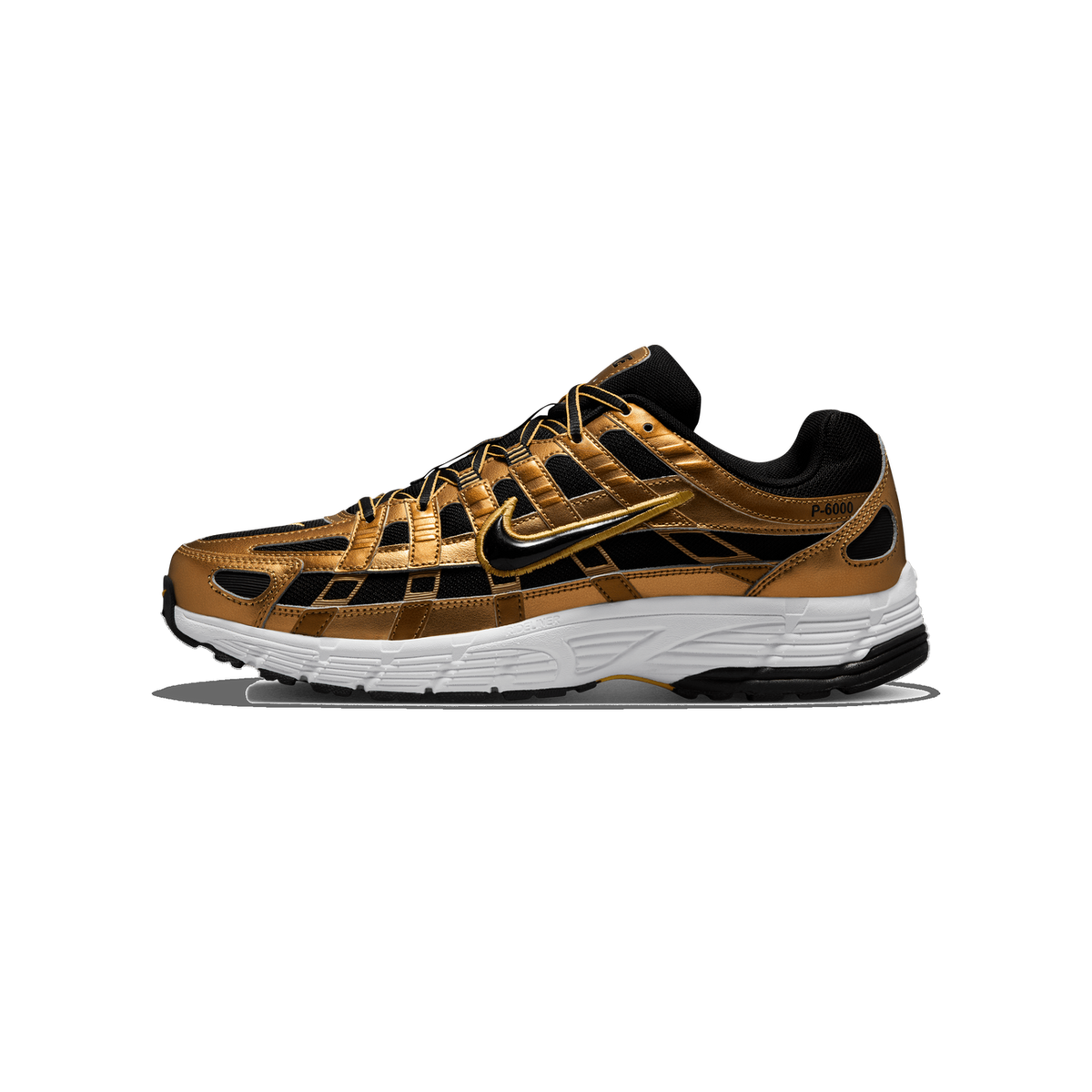 Side profile of a single Nike P-6000 sneaker with metallic gold synthetic overlays, black mesh panels, a gold and black embroidered Swoosh, and a white midsole with black outsole, toe pointing left.