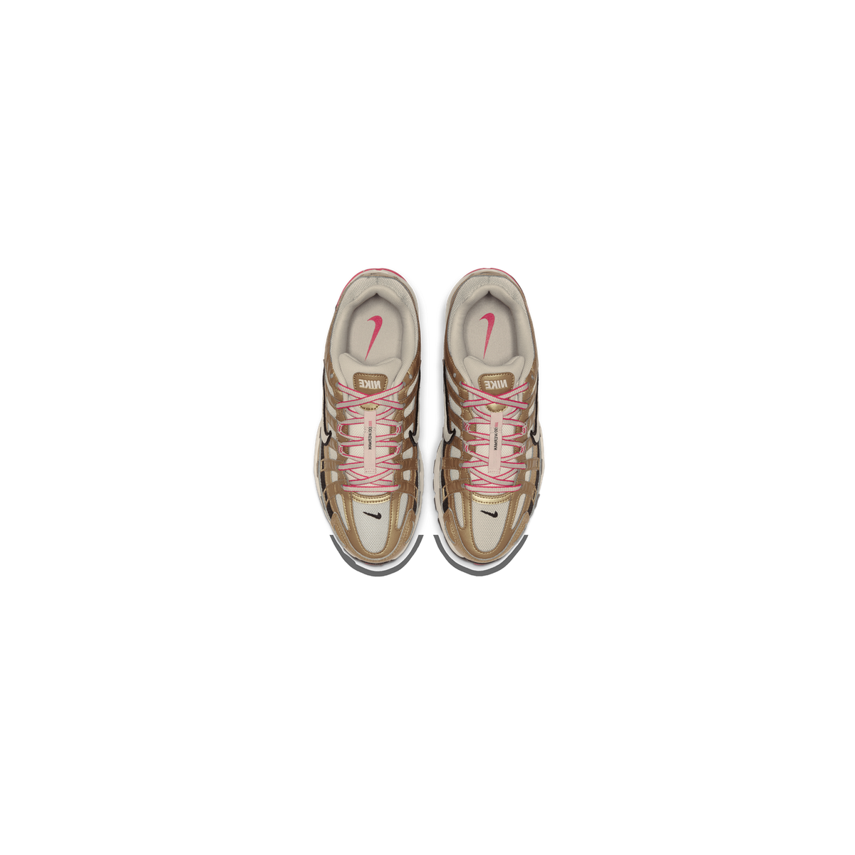 Top-down view of a pair of Nike P-6000 sneakers in metallic gold and beige with pink laces and black Nike swoosh logos on the toe caps.