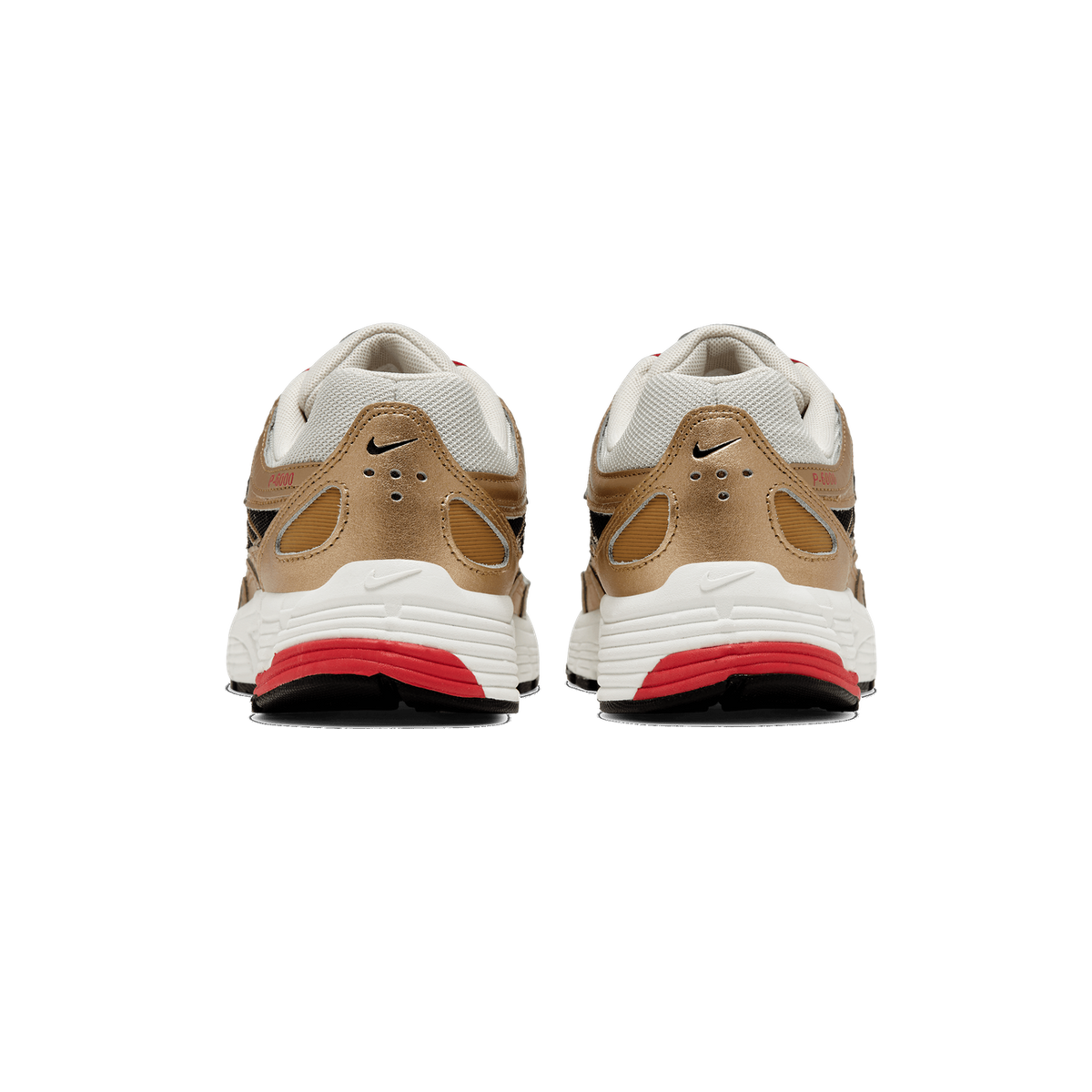 Rear view of a pair of Nike P-6000 sneakers in metallic gold with white mesh heel, white midsole, and red accents on the outsole.