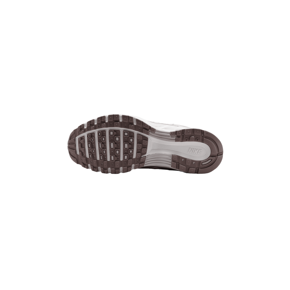 Underside of a single Nike P-6000 sneaker showing a brown and light grey outsole with a multi-directional tread pattern and the word NIKE moulded into the midfoot.