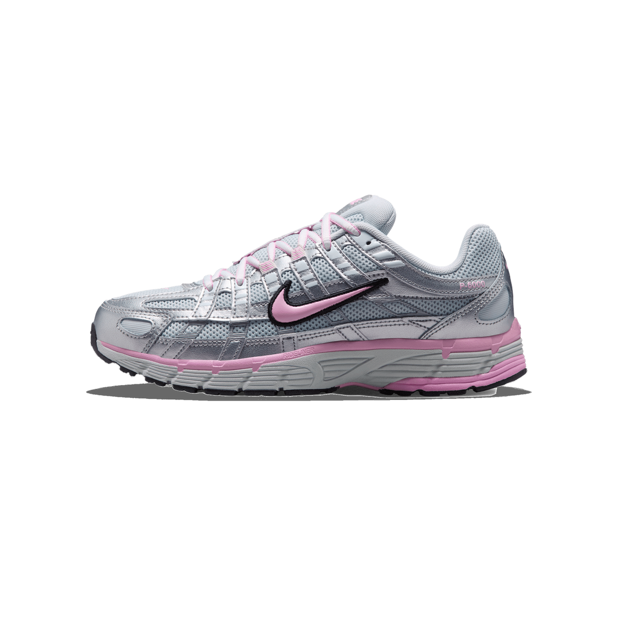 Side view of a Nike P-6000 sneaker in metallic silver with pink laces, swoosh, and midsole accents on a chunky grey outsole.