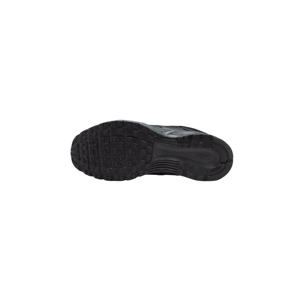 Underside view of a black Nike P-6000 sneaker showing the full black rubber outsole with a multi-directional tread pattern, a Nike wordmark near the heel, and a small printed marking near the rear edge.