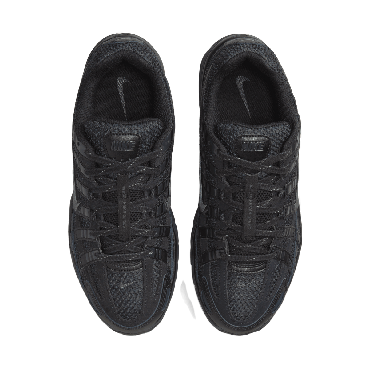 Top-down view of a pair of black Nike P-6000 sneakers placed side by side with toes pointing up, showing the mesh and synthetic overlays, black laces, and the Nike logo on the tongue.