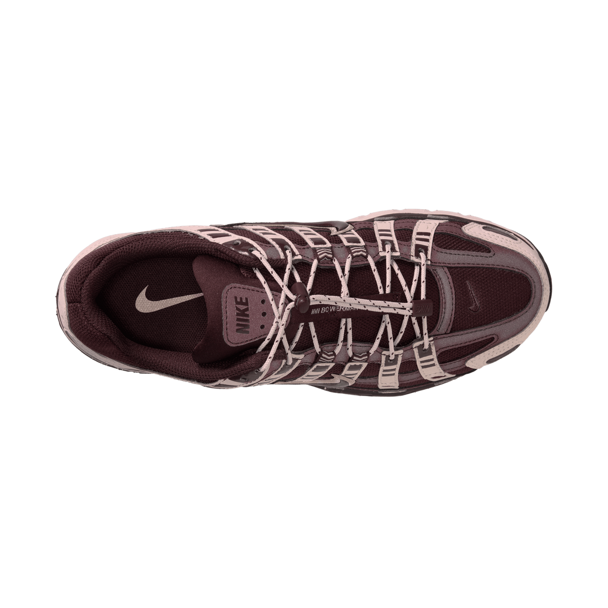 Top-down view of a single Nike P-6000 sneaker with a dark burgundy upper, pale pink laces and overlays, a dark tongue with a Nike logo, and a pale pink heel and collar trim.