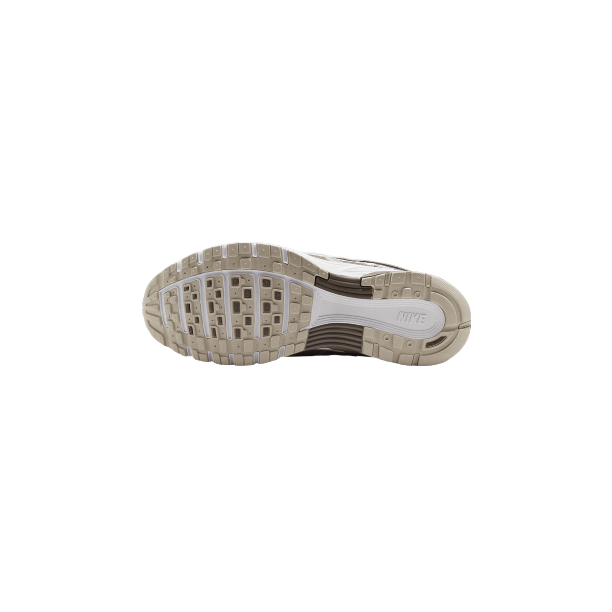 Bottom view of a Nike P-6000 sneaker showing a beige and white tread pattern outsole with Nike branding near the heel