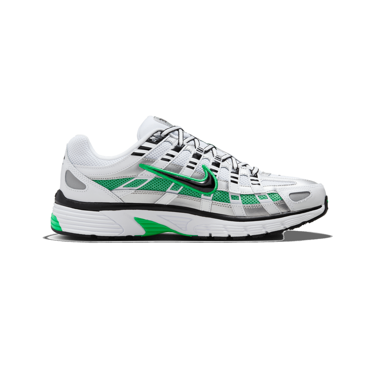 A single white and silver Nike P-6000 sneaker in side profile with the toe pointing left, showing green mesh panels, a green-outlined Swoosh logo on the side, and a white midsole with black and green accents.