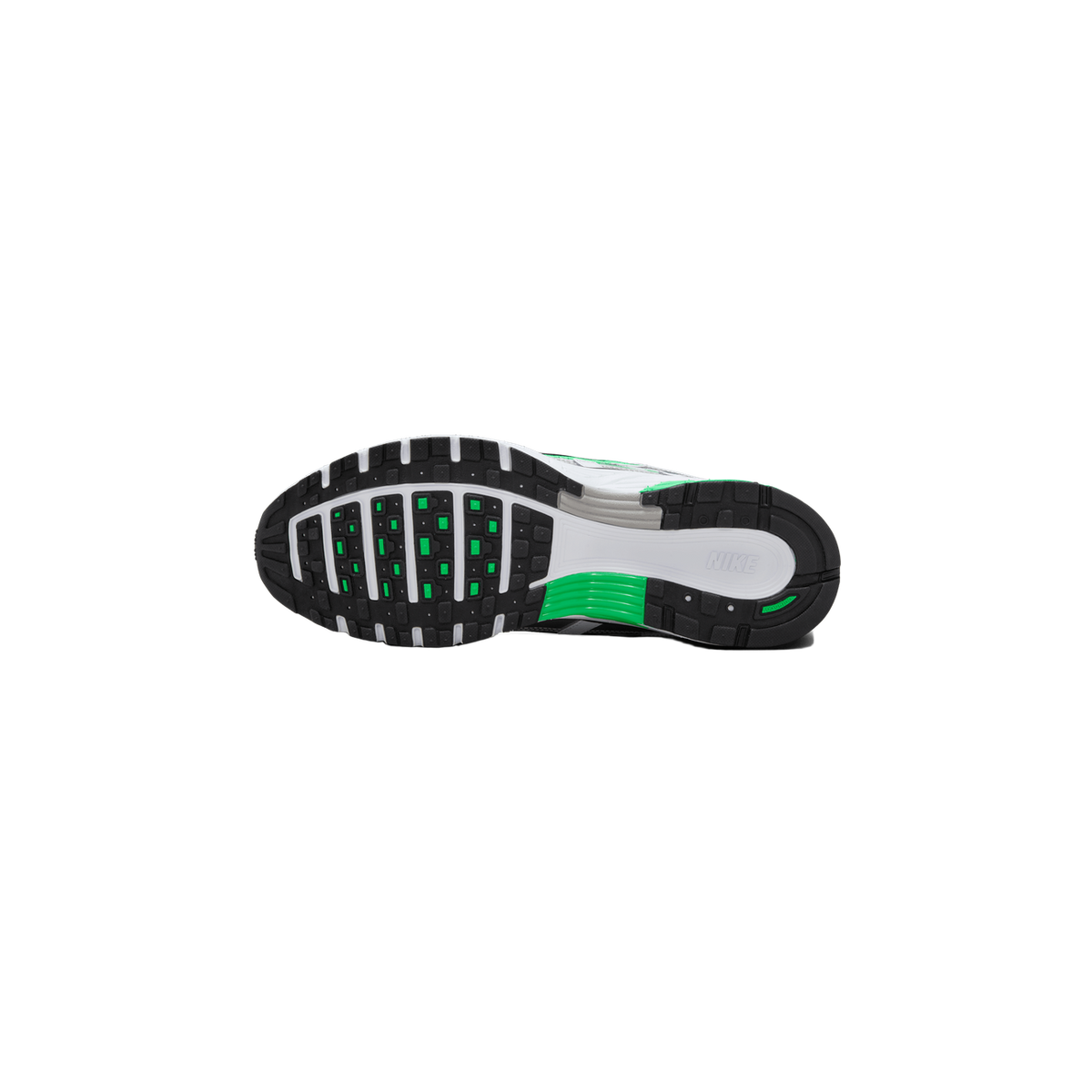 Underside of a Nike P-6000 sneaker showing the black and white outsole with green accent lugs, the Nike logo on the midsole, and the green Air unit near the heel.