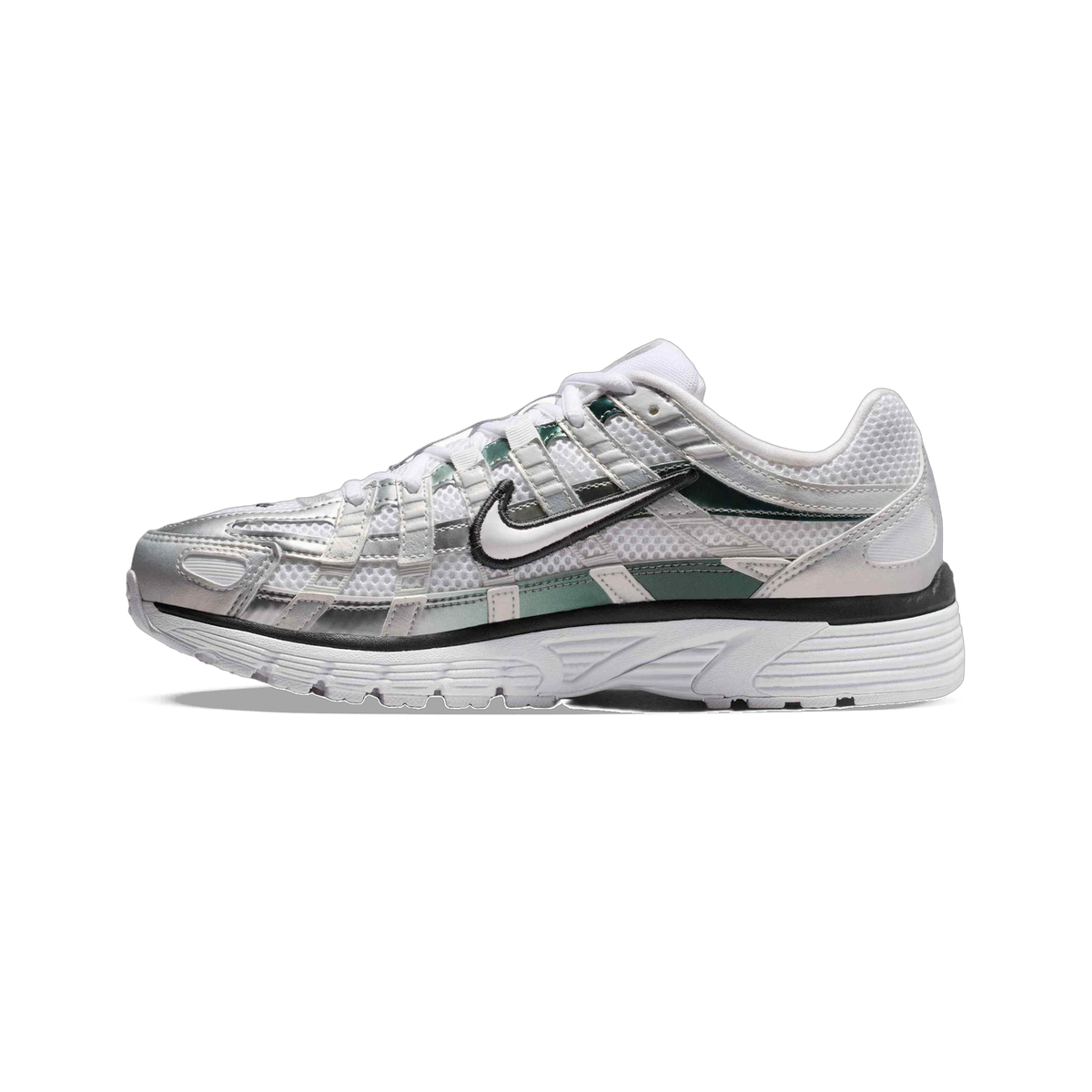 Side view of a white and silver Nike P-6000 sneaker with green accent panels, black swoosh outline, and a black-and-white layered midsole.