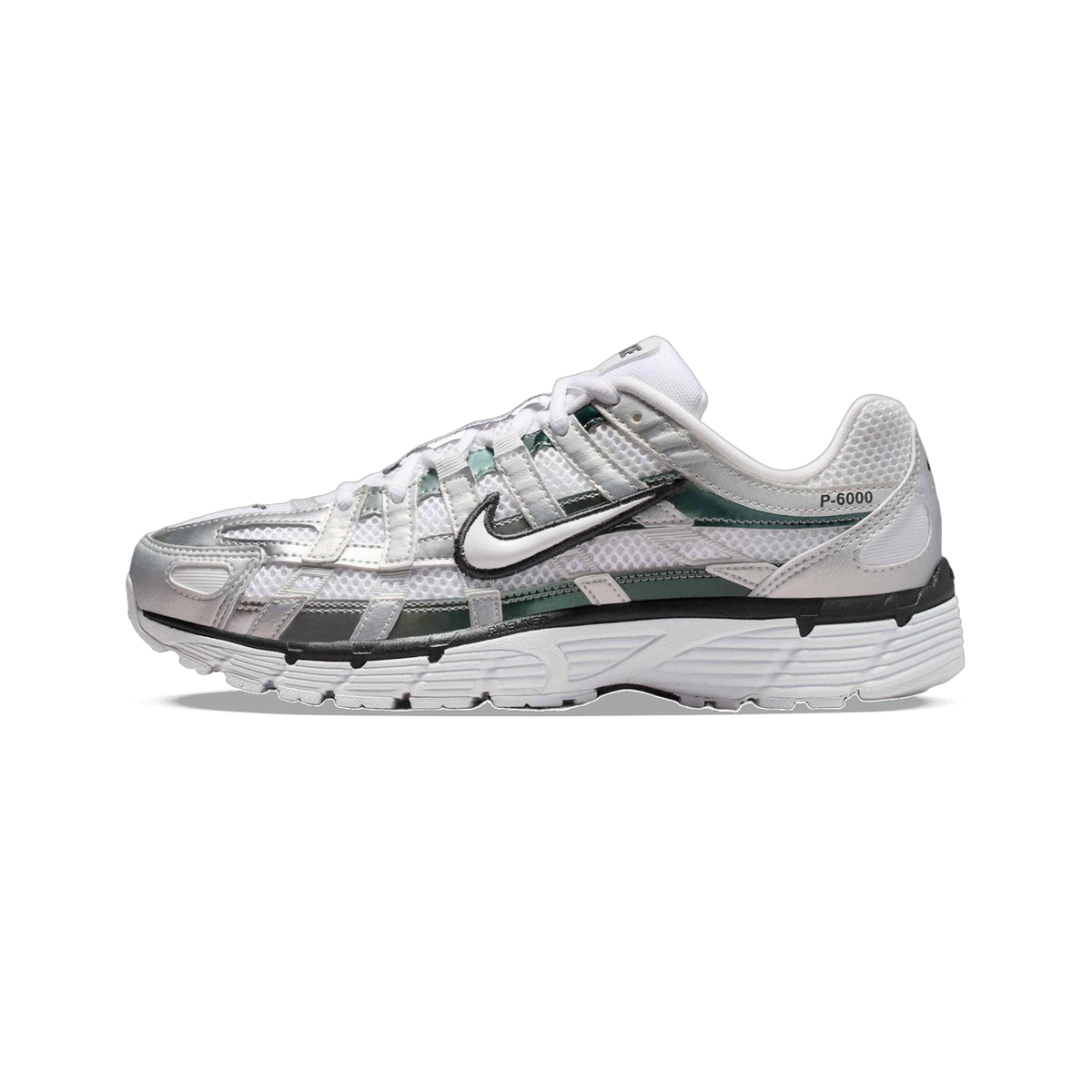 Lateral view of a white and silver Nike P-6000 sneaker with green accents, black swoosh outline, and a chunky white outsole.