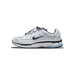 Lateral view of a white Nike P-6000 sneaker with black Swoosh logo, silver overlays, black toggle lace, and a light blue accent on the outsole, toe pointing left.