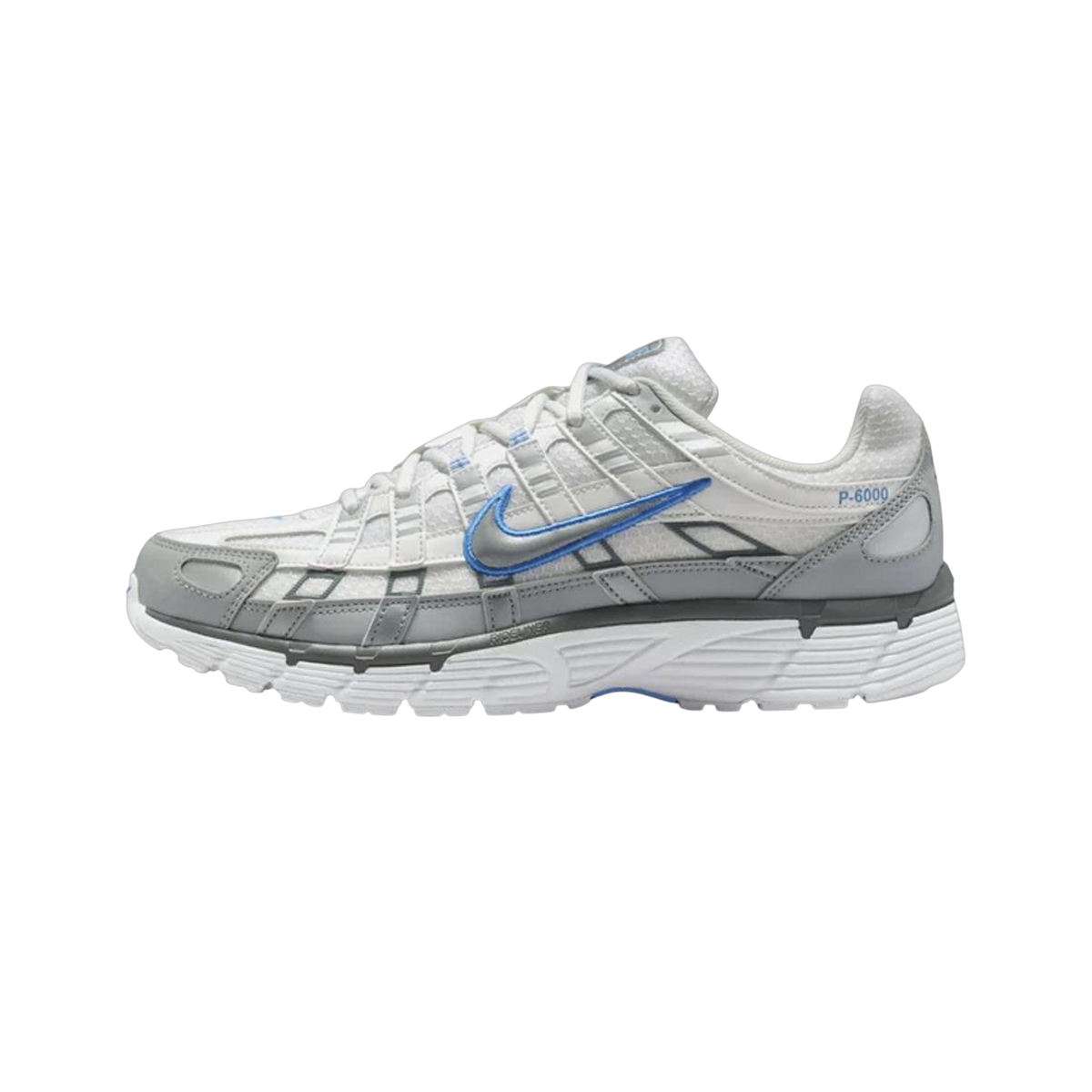 Lateral view of a white and grey Nike P-6000 sneaker with a blue outlined swoosh and layered mesh and leather panels