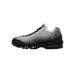 Side view of a Nike SB Air Max 95 sneaker in black, gray, and white with a brown swoosh and visible air unit in the heel.