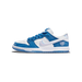 Lateral view of a blue and white Nike SB Dunk Low with an oversized white Swoosh outline, embroidered crest logo, and translucent blue outsole, toe pointing left.