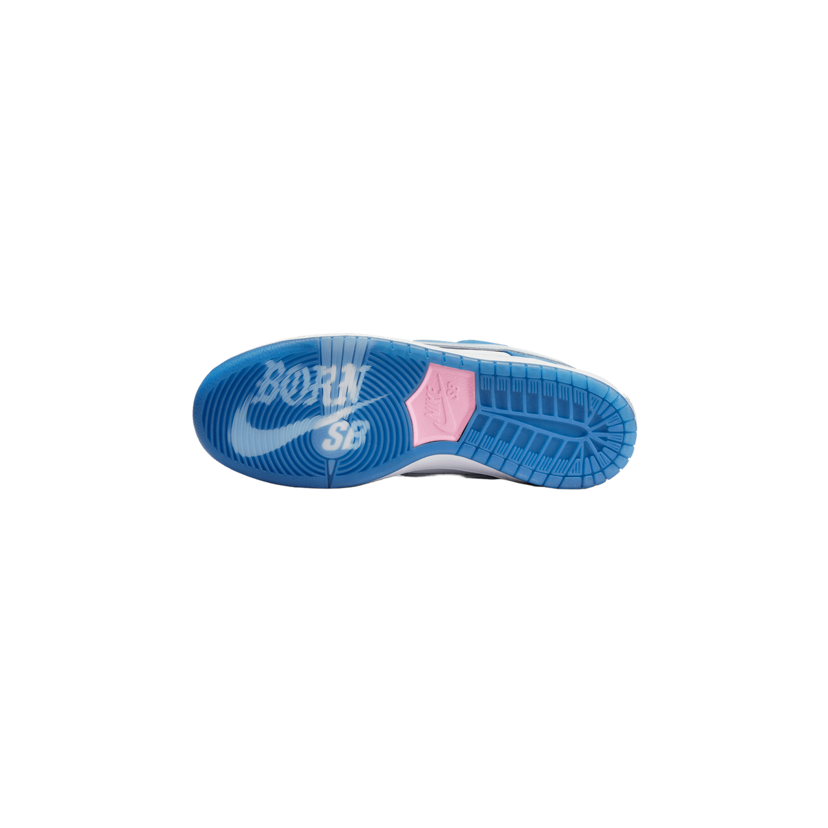 Bottom view of a blue Nike SB Dunk Low outsole with a distorted swoosh graphic reading 'Born SB' and a pink heel patch