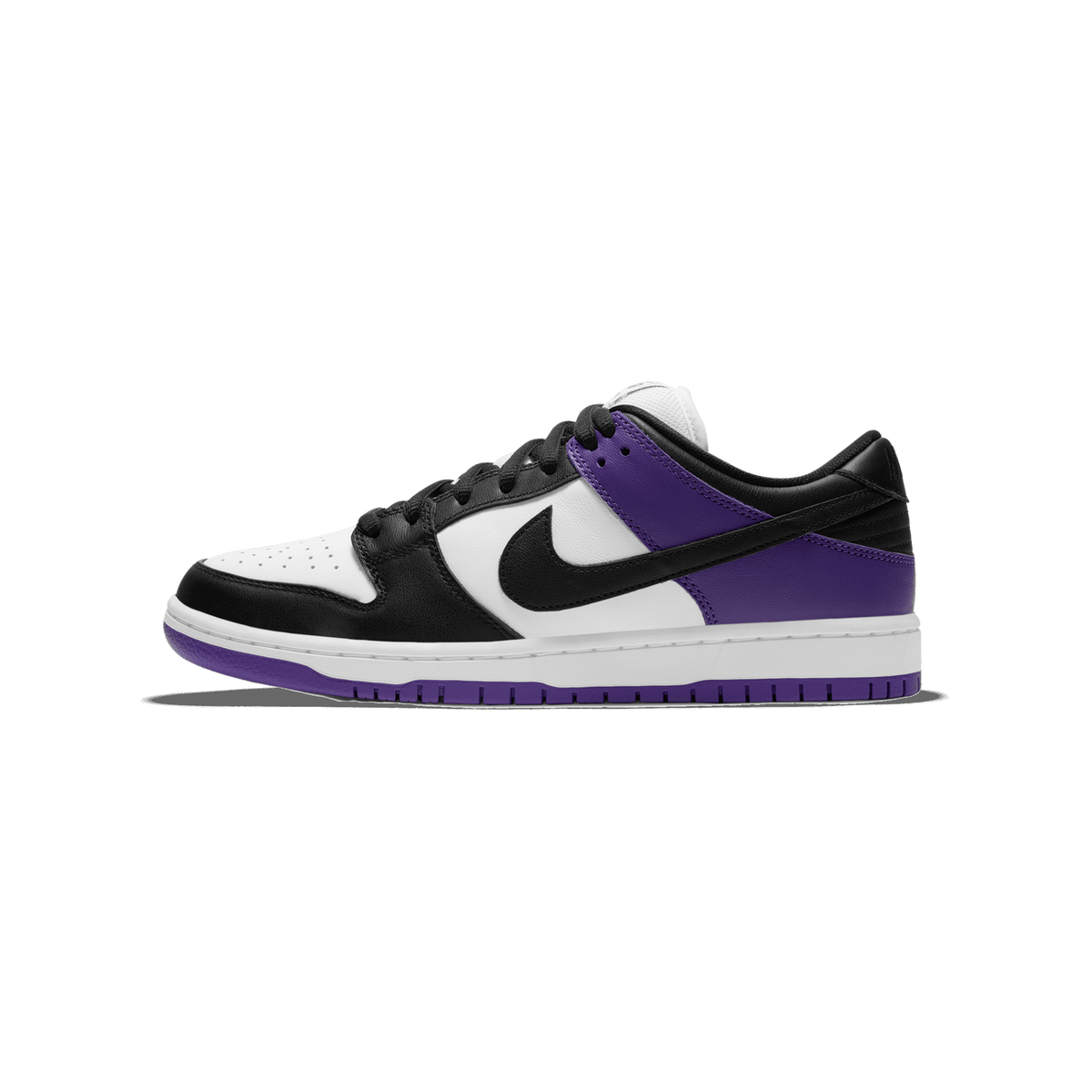 Left Nike SB Dunk Low shoe shown from the side with toe pointing left, featuring a black toe box and heel, white mid-panel, black Swoosh, and purple heel and outsole trim.
