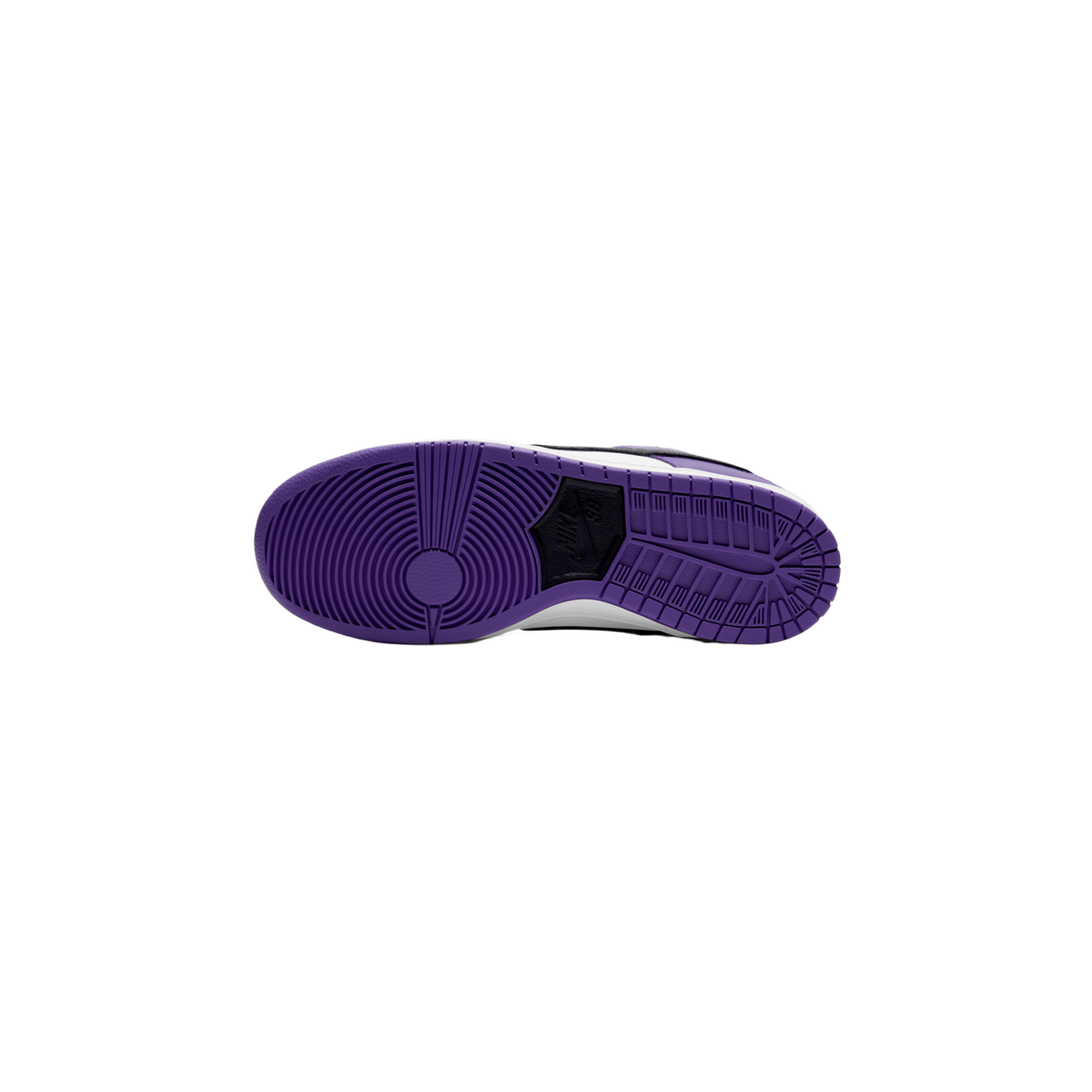Bottom view of a single Nike SB Dunk Low Court Purple sneaker showing the purple outsole with Nike SB logo on the heel.