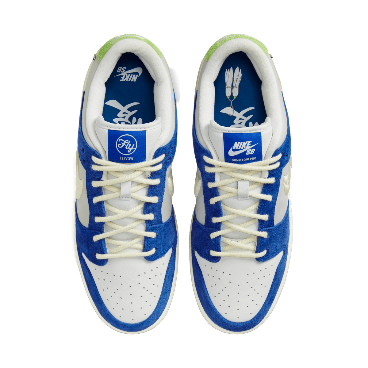 Top-down view of a pair of Nike SB Dunk Low sneakers in blue suede and white leather with cream laces and graphic printed insoles reading Nike SB and Fly