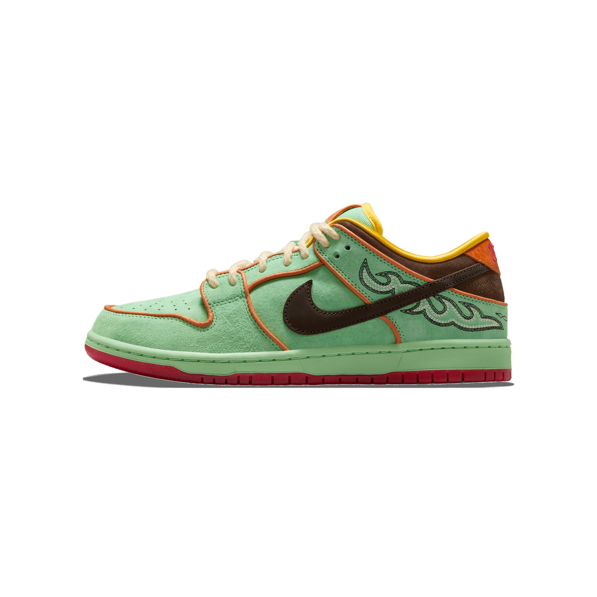 Left Nike SB Dunk Low shoe shown from the side in mint green suede with a brown swoosh, orange trim, yellow collar lining, flame graphic, and a red outsole