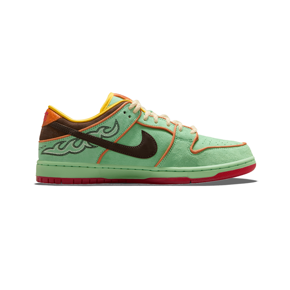 Left Nike SB Dunk Low in green suede with a dark brown swoosh, brown heel panel, orange trim, yellow collar lining, and a red outsole, shown from the outside with toe pointing left.