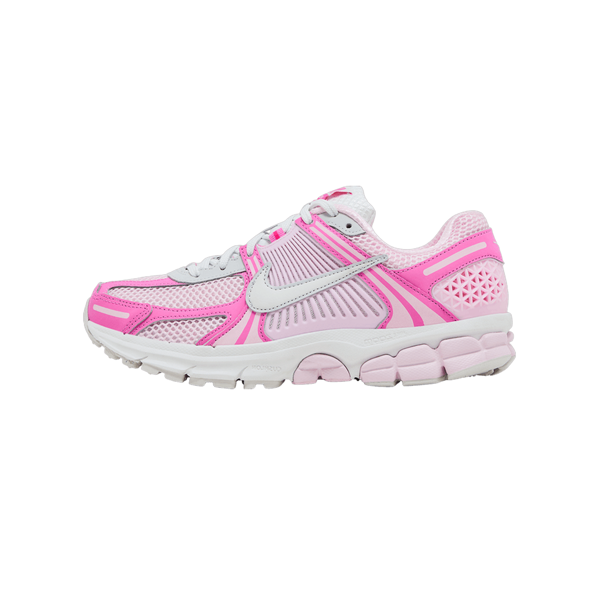 Left Nike Zoom Vomero 5 sneaker in pink and silver shown from the outside with toe pointing left, featuring a mesh upper, silver swoosh, and chunky ridged white midsole.