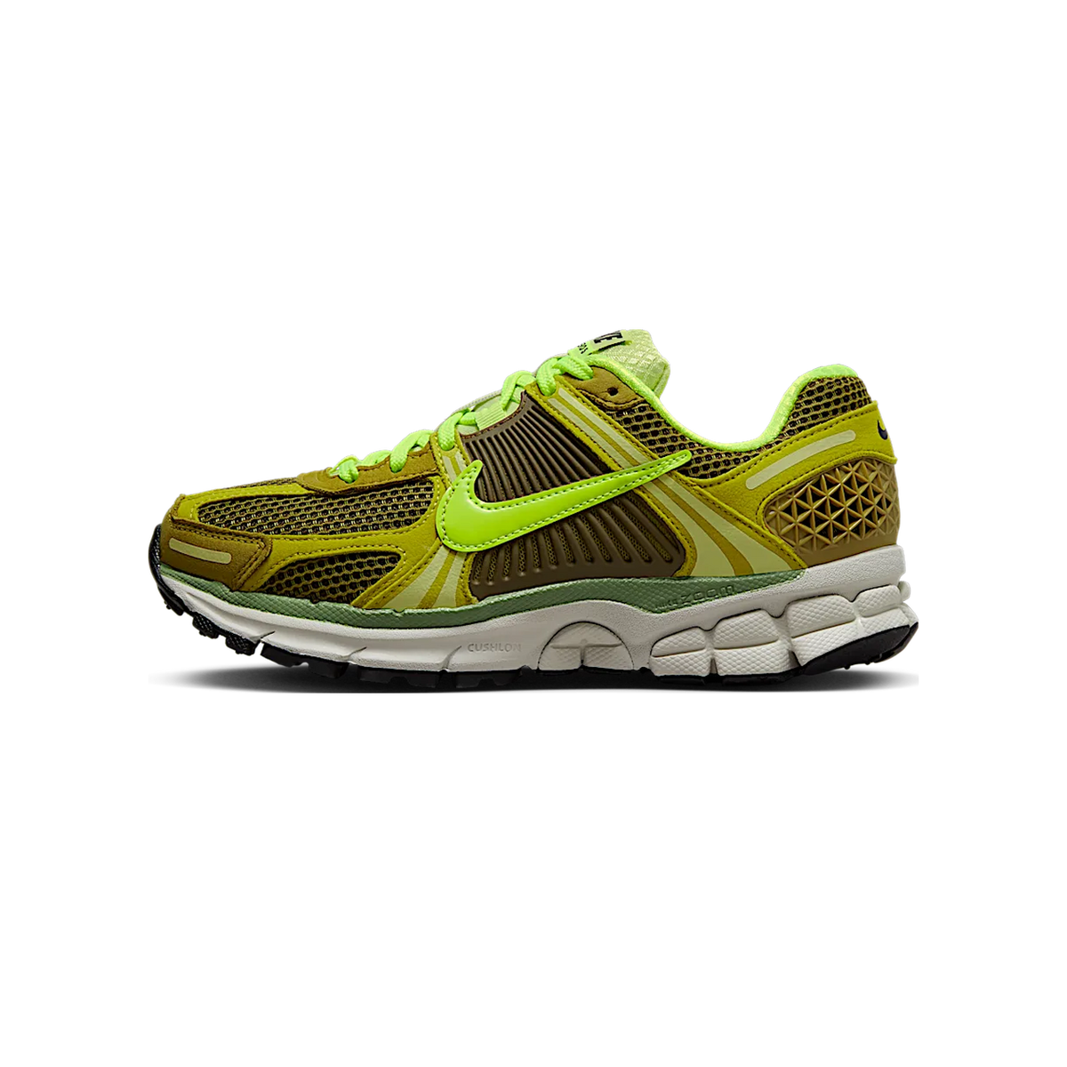 Left olive-green Nike Zoom Vomero 5 sneaker shown from the side with volt green swoosh, laces, and white and black midsole and outsole, toe pointing left.