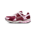 Left Nike Zoom Vomero 5 sneaker in pink and dark red with white laces, shown from the outside with toe pointing left