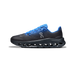 Lateral view of an On Running Cloudtilt sneaker in black and blue with a cutout CloudTec sole and blue laces.