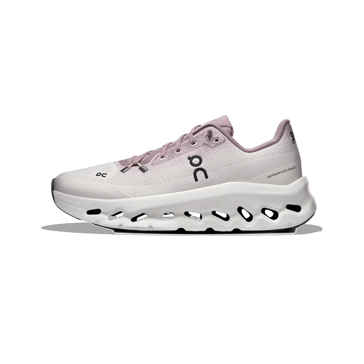 Lateral view of a mauve and white On Running Cloudtilt sneaker with a cutout CloudTec Phase midsole and black speckled accents