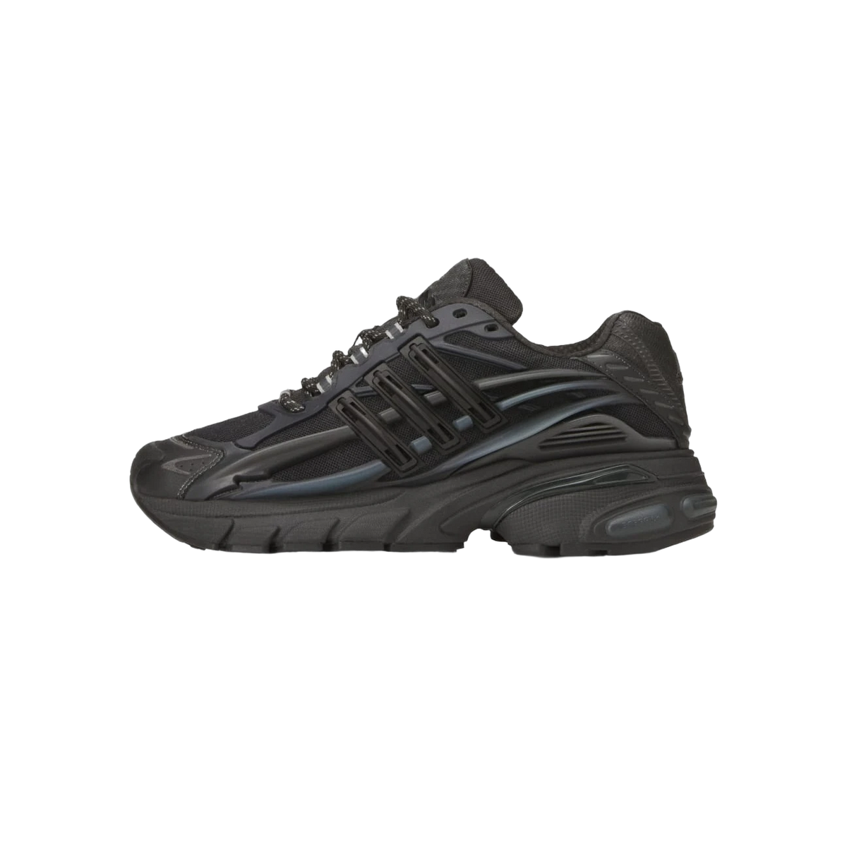 Side view of a black Adidas Adistar Jellyfish sneaker with chunky sole, mesh upper, and rubberized three-stripe branding on the panel.