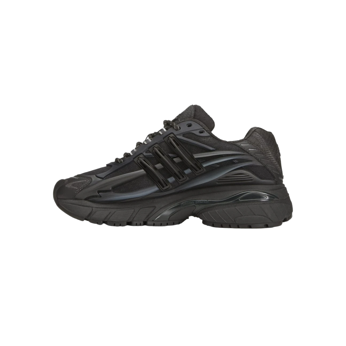 Side view of a black Adidas Adistar Jellyfish sneaker with chunky ridged sole and tonal three-stripe overlays