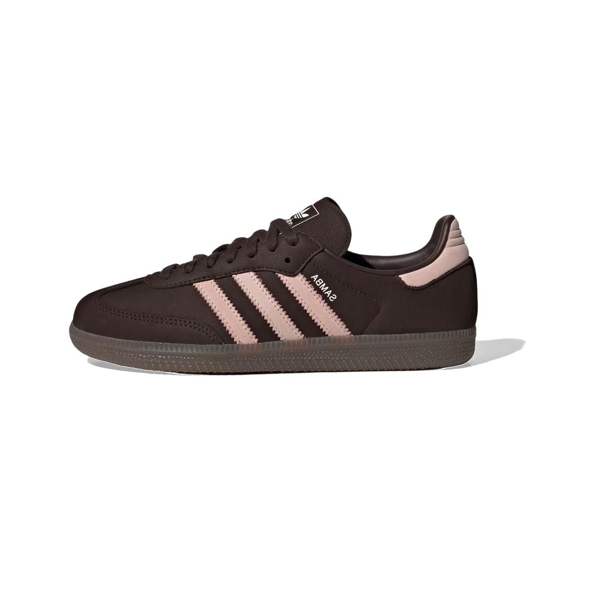 Side view of a brown Adidas Samba OG sneaker with pink suede stripes, pink heel tab, white Samba text on the quarter panel, and a gum outsole.