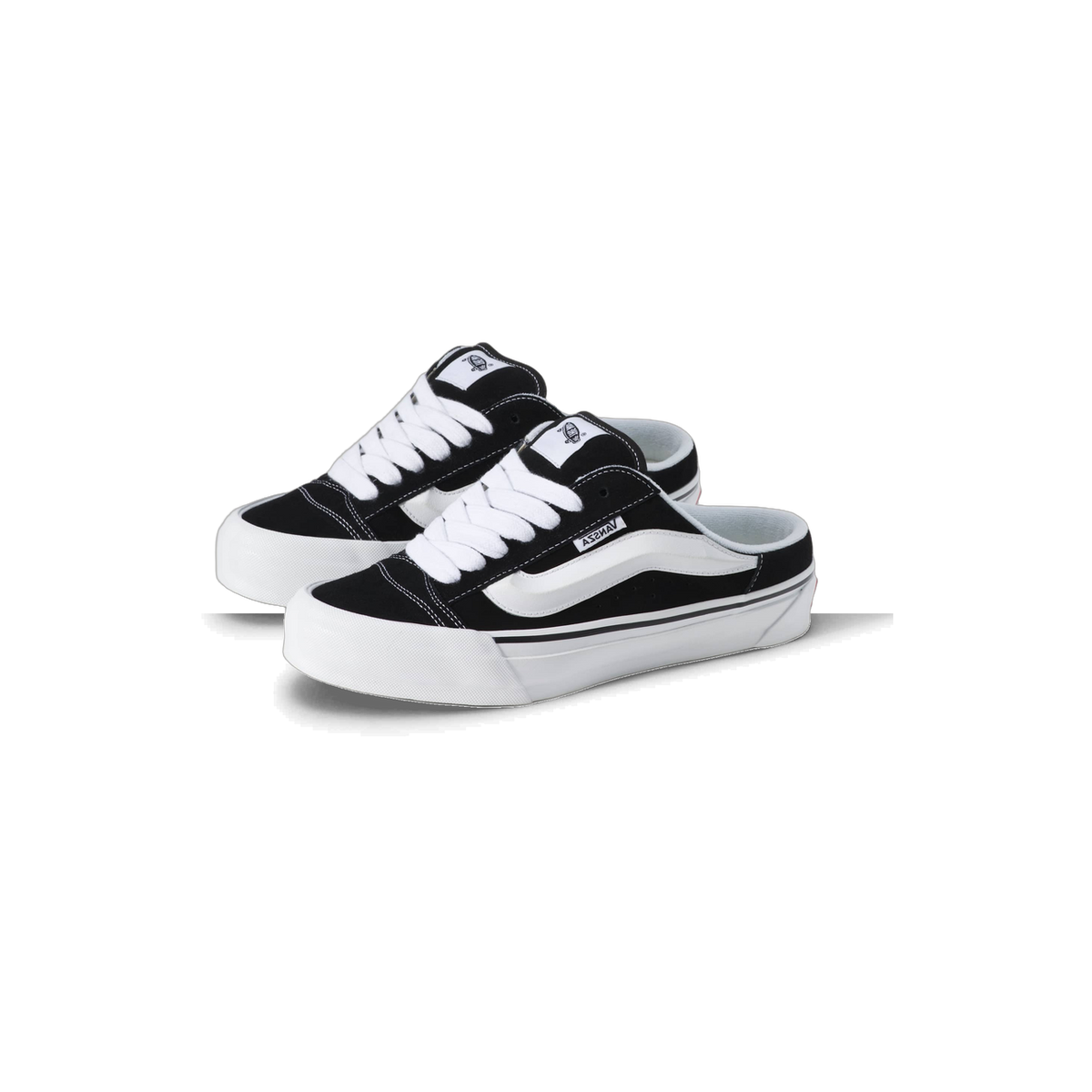 Pair of black suede Vans SZA Knu Skool mule shoes with white side stripe, white laces, and white soles, angled toward the left.