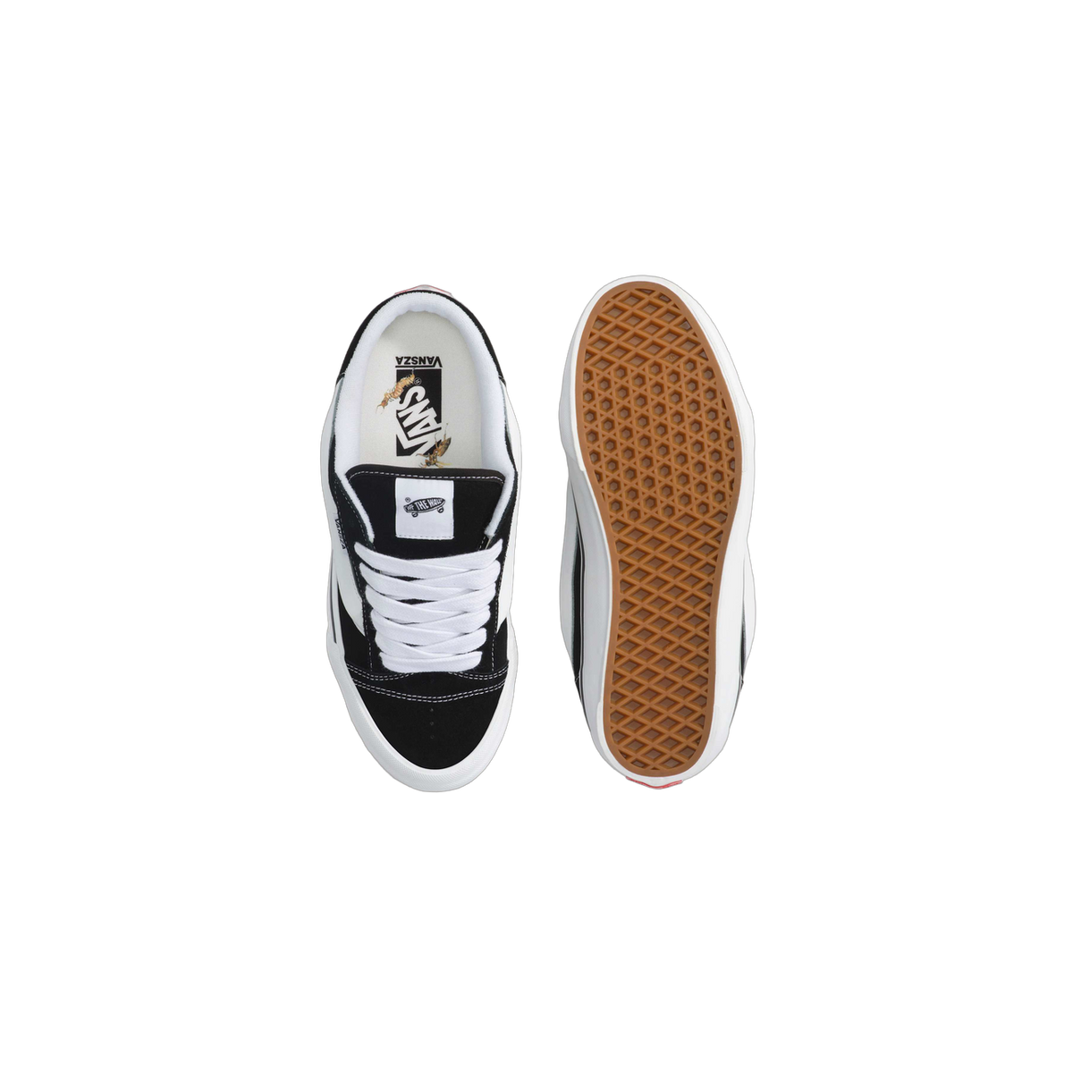 Top-down view of a black and white Vans SZA Knu Skool Mule shoe beside its gum rubber outsole, showing a printed insect graphic on the insole and Vans Off The Wall tongue label