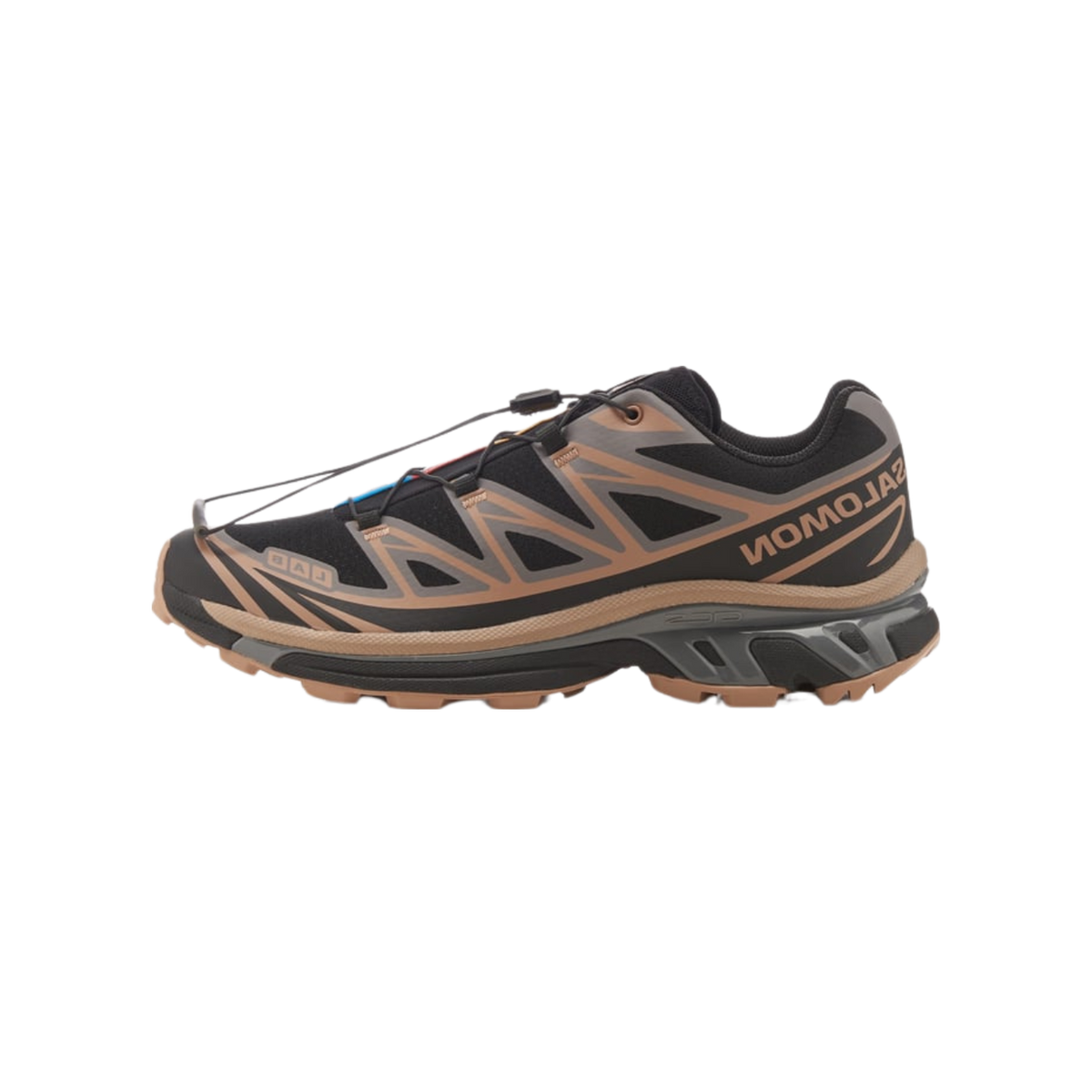Right side view of a black Salomon XT-6 trail sneaker with brown overlays, tan midsole, speed-lace toggle, and visible SALOMON branding on the lateral panel.