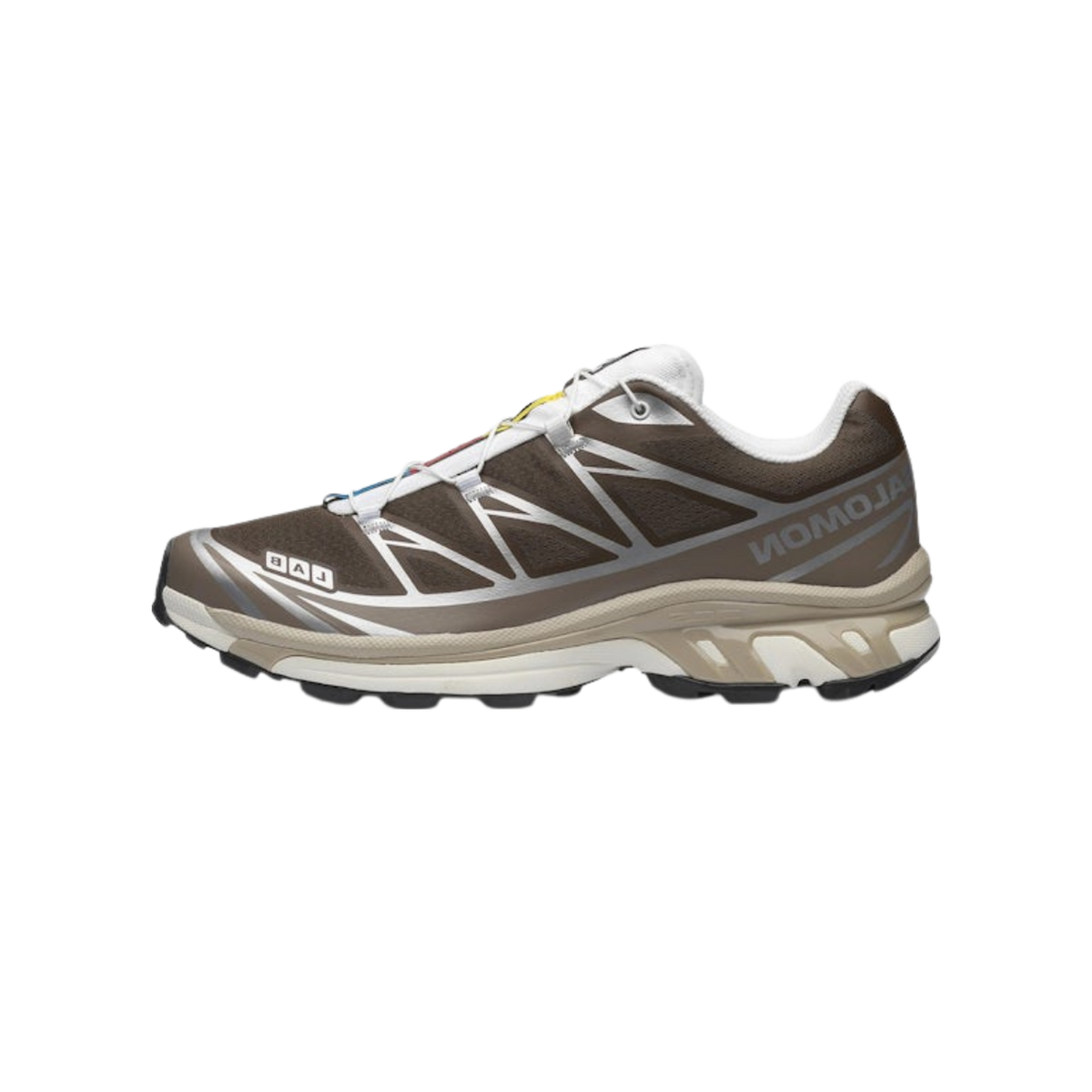 Right-side view of a brown Salomon XT-6 trail sneaker with white quick-lace system, grey overlays, and a cream and black lugged sole.