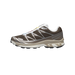 Right-side view of a brown Salomon XT-6 trail sneaker with white quick-lace system, grey overlays, and a cream and black lugged sole.
